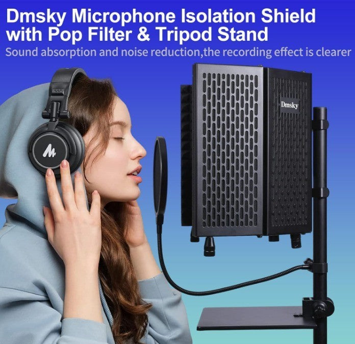 Dmsky Microphone Isolation Shield with Pop Filter & Tripod Stand, Foldable Mic S