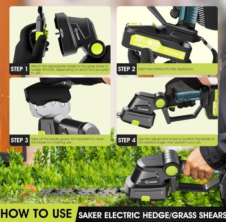 Saker Cordless Hedge Trimmer-20V Electric Shrub Trimmer Grass Shears Handheld Gr