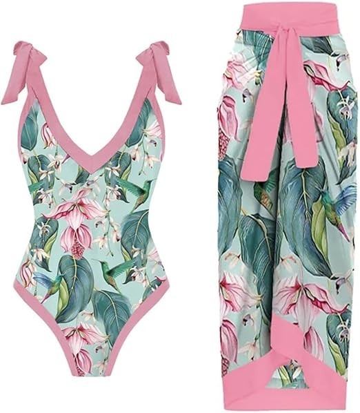 Women's One Piece Swimsuit with Beach Cover up Wrap Skirt Sarong Medium