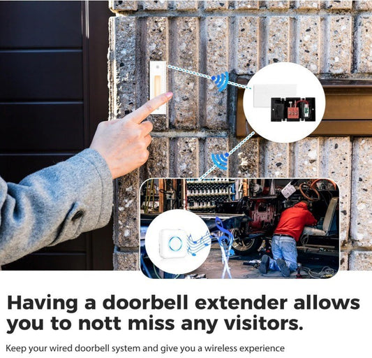 Wireless Doorbell Extender with Receiver Connects to Existing Hardwired Doorbell