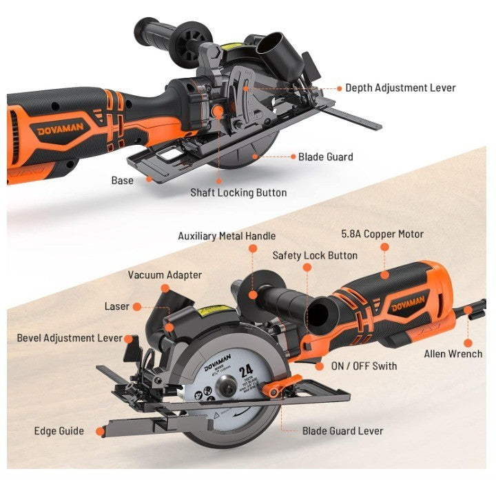 DOVAMAN Circular Saw, 5.8A 4-1/2" Circular Saw w/Laser, Metal Auxiliary Handle