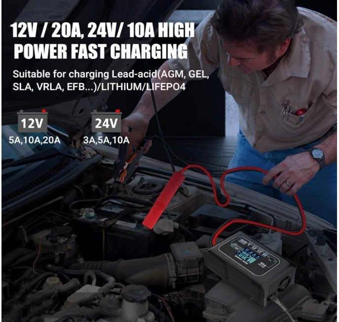 20-Amp Smart Battery Charger,Lithium,LiFePO4,Lead-Acid(AGM/Gel/SLA..) Car...