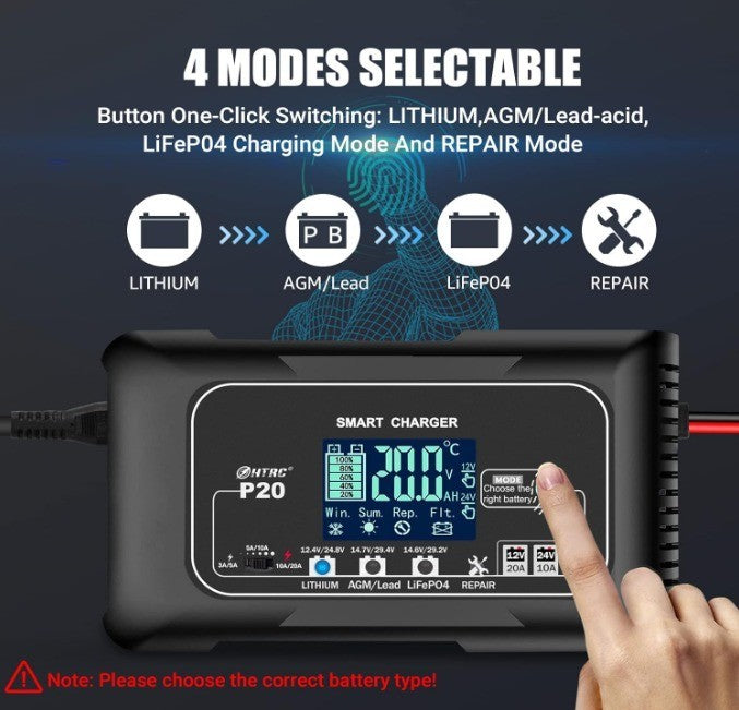 20-Amp Smart Battery Charger,Lithium,LiFePO4,Lead-Acid(AGM/Gel/SLA..) Car...