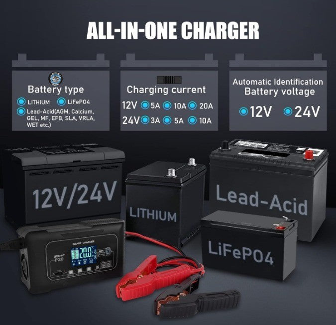 20-Amp Smart Battery Charger,Lithium,LiFePO4,Lead-Acid(AGM/Gel/SLA..) Car...