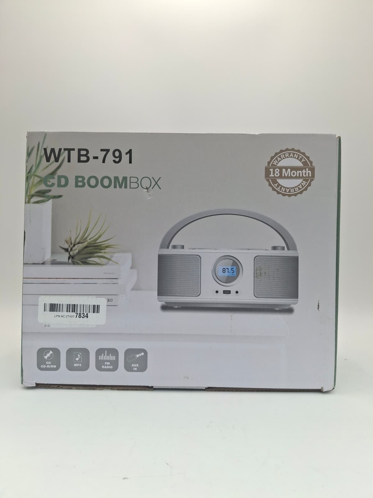 Silver Boombox Bluetooth CD Player FM Radio Portable WTB-791 with USB AUX
