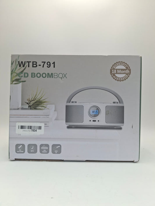 Silver Boombox Bluetooth CD Player FM Radio Portable WTB-791 with USB AUX