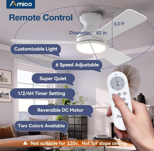 Amico Ceiling Fans with Lights, 42 inch Low Profile Ceiling Fan with Light