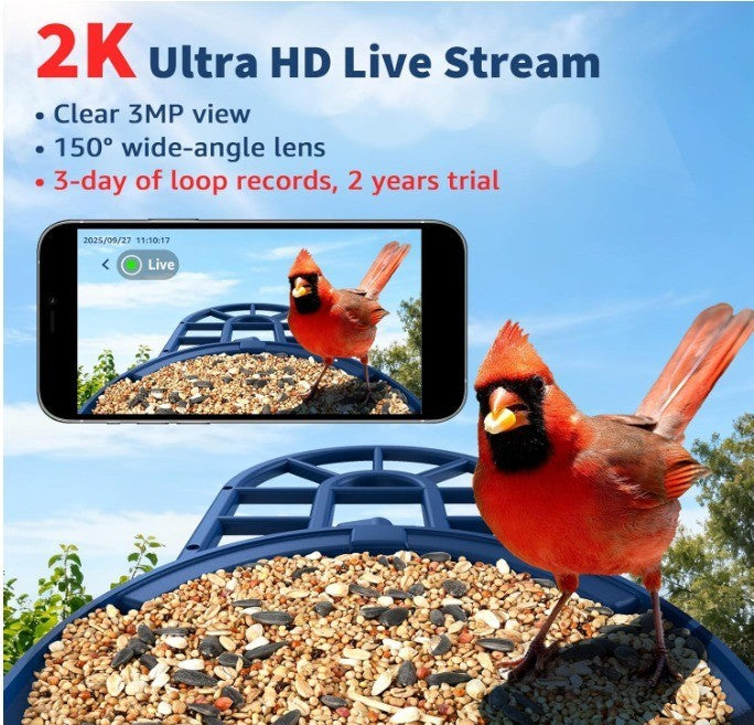 Smart Bird Feeder with AI Camera Solar-powered Recognize 10,000+ Species Blue