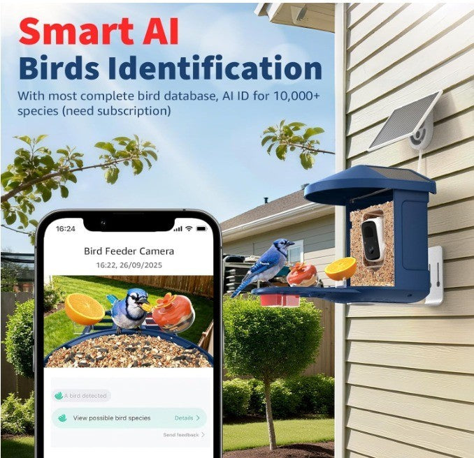 Smart Bird Feeder with AI Camera Solar-powered Recognize 10,000+ Species Blue