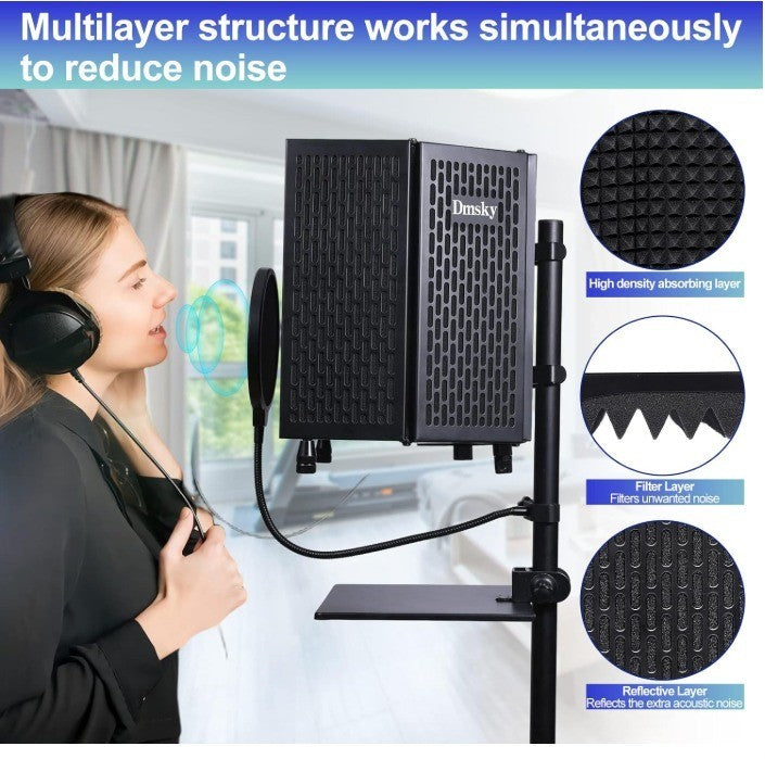 Dmsky Microphone Isolation Shield with Pop Filter & Tripod Stand, Foldable Mic S