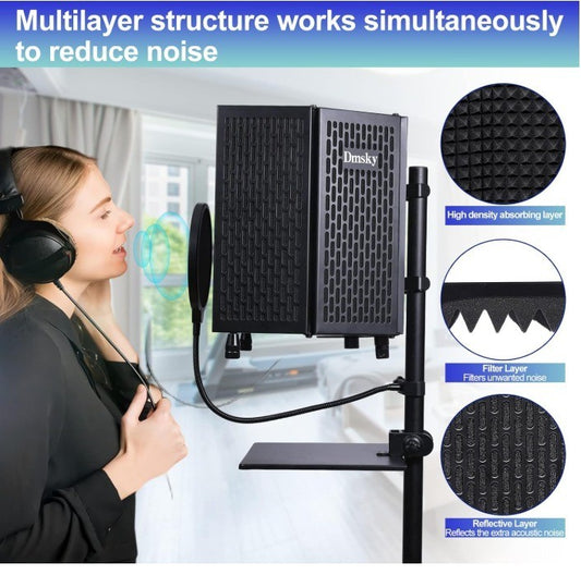Dmsky Microphone Isolation Shield with Pop Filter & Tripod Stand, Foldable Mic S