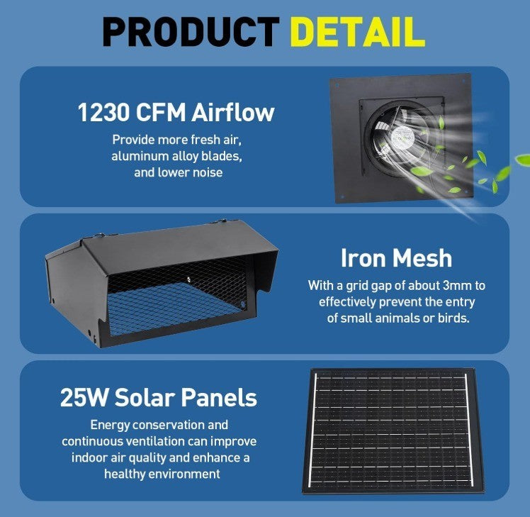 25W Solar Roof Vent Fan with 8 Inch Removable Roof Vents,Solar Attic Exhaust Fan