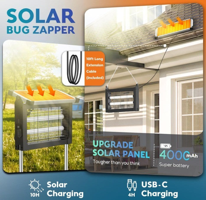 Solar Bug Zapper Outdoor Mosquito Zapper 4500V Waterproof Rechargeable Fly Zappe