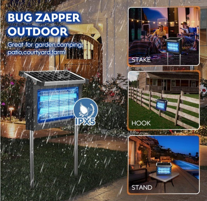 Solar Bug Zapper Outdoor Mosquito Zapper 4500V Waterproof Rechargeable Fly Zappe
