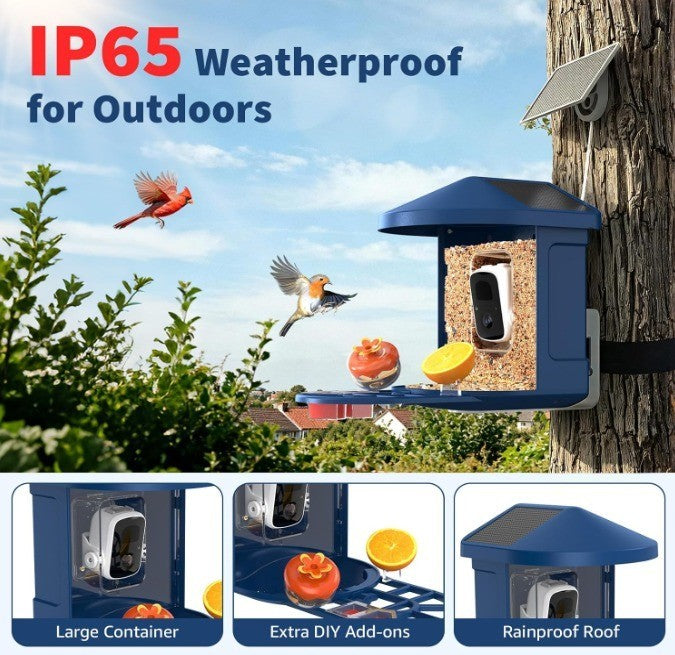 Smart Bird Feeder with AI Camera Solar-powered Recognize 10,000+ Species Blue