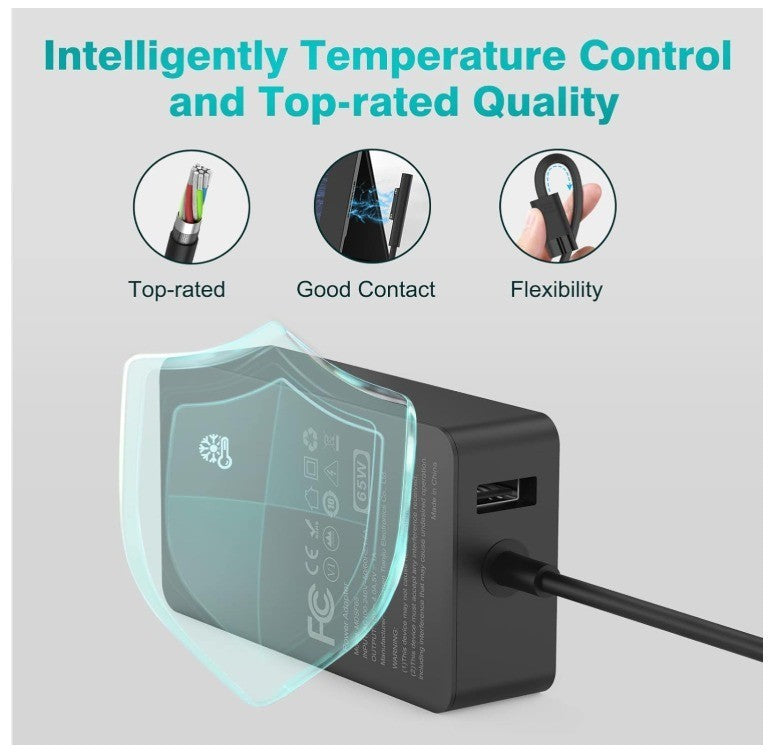 65W Charger Compatible with Microsoft Surface Pro 11, 10, 9, 8, 7+, 7, 6, 5, 4,