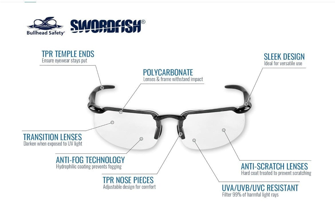 Bullhead Safety Eyewear Swordfish Glasses - Anti-Fog, Lightweight, Impact/Scratc