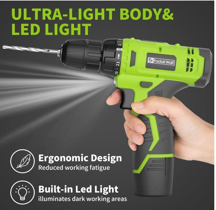 FadakWalt 12V Cordless Drill Set DC8212A—LED, 0–650 RPM, 19 Nm—NEW