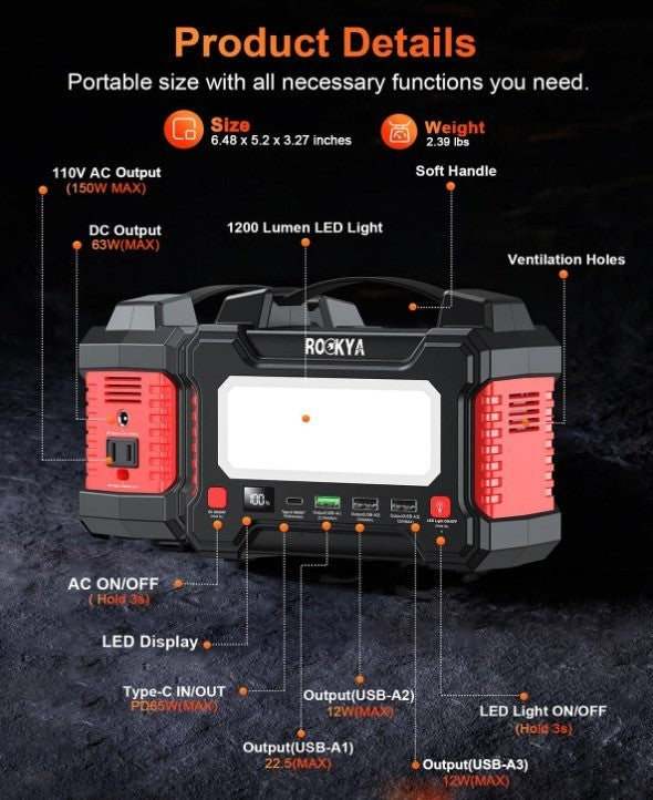 166.5Wh Portable Power Station 150W Laptop Charger,Lithium Battery Power Bank So