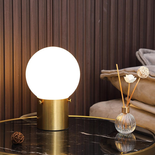 Gold Table Lamp for Nightstand with Frosted Glass Globe Shade, Mid Century