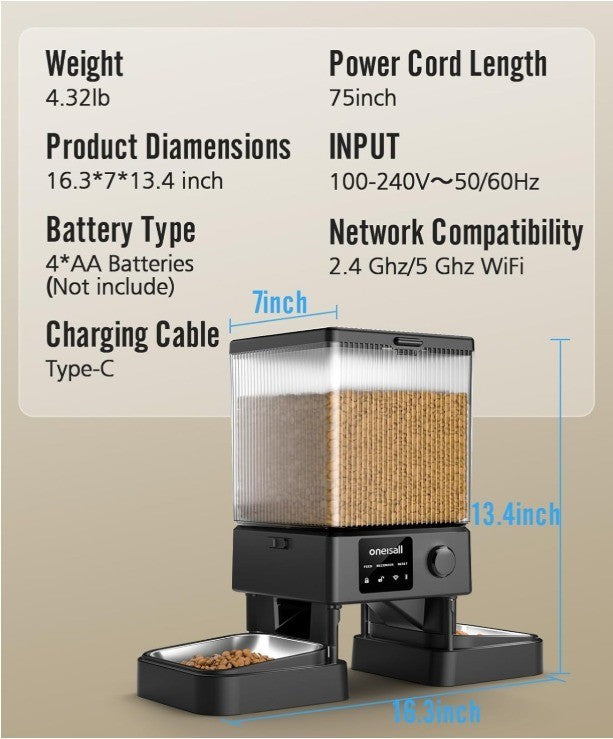 oneisall Automatic Cat Feeder with 5G WiFi, Automatic Cat Food Dispenser for 2 C