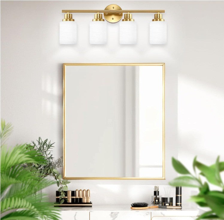 4-Light Vanity Lights, Brushed Gold Bathroom Light Fixture with Striped Texture