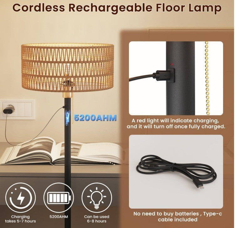 Floor Lamp for Living Room Bedroom Farmhouse Arc Rattan Boho Standing Lamp with