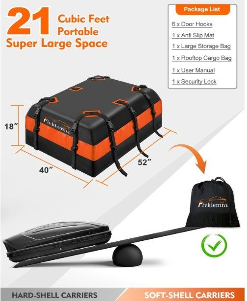 FIVKLEMNZ Car Rooftop Cargo Carrier Roof Bag Waterproof for All Top of Vehicle