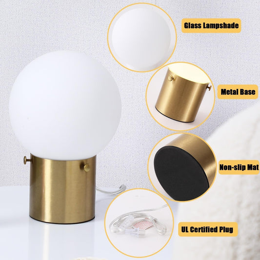 Gold Table Lamp for Nightstand with Frosted Glass Globe Shade, Mid Century
