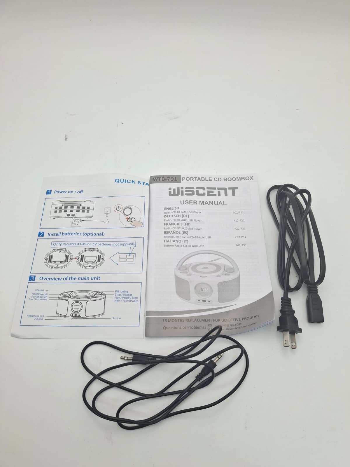 Silver Boombox Bluetooth CD Player FM Radio Portable WTB-791 with USB AUX