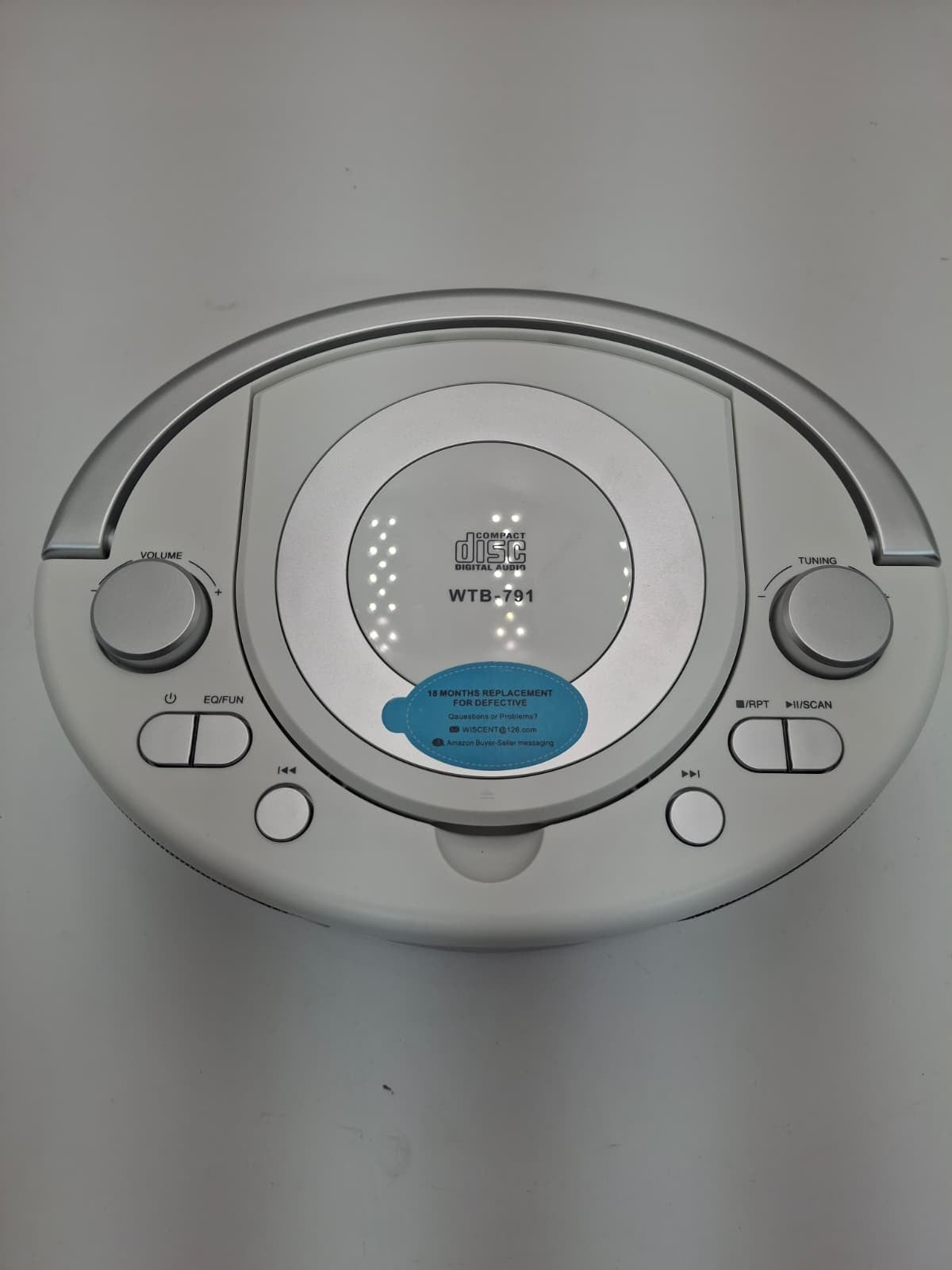 Silver Boombox Bluetooth CD Player FM Radio Portable WTB-791 with USB AUX