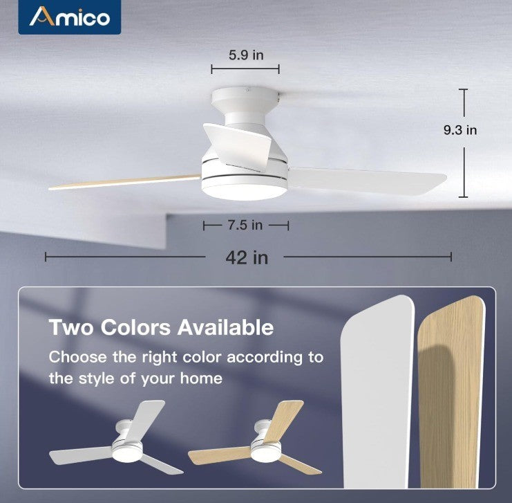 Amico Ceiling Fans with Lights, 42 inch Low Profile Ceiling Fan with Light