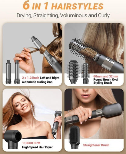 Hair Dryer Brush 6 in 1 Professional Hot Air Styler 110,000 RPM Auto Wrap Curler
