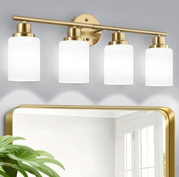4-Light Vanity Lights, Brushed Gold Bathroom Light Fixture with Striped Texture