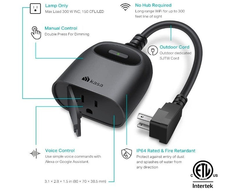 Kasa Outdoor Smart Dimmer Plug, IP64 Plug- in Dimmer for Outdoor String Lights