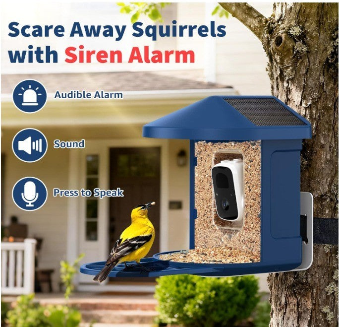 Smart Bird Feeder with AI Camera Solar-powered Recognize 10,000+ Species Blue