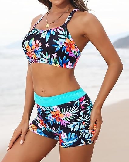 Aqua Eve 3 Piece Tankini Swimsuit for Women Tank Bathing Suit with Shorts Open B