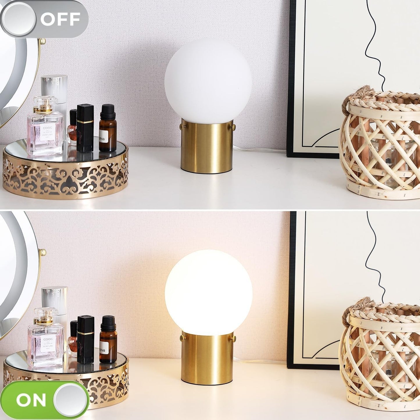 Gold Table Lamp for Nightstand with Frosted Glass Globe Shade, Mid Century