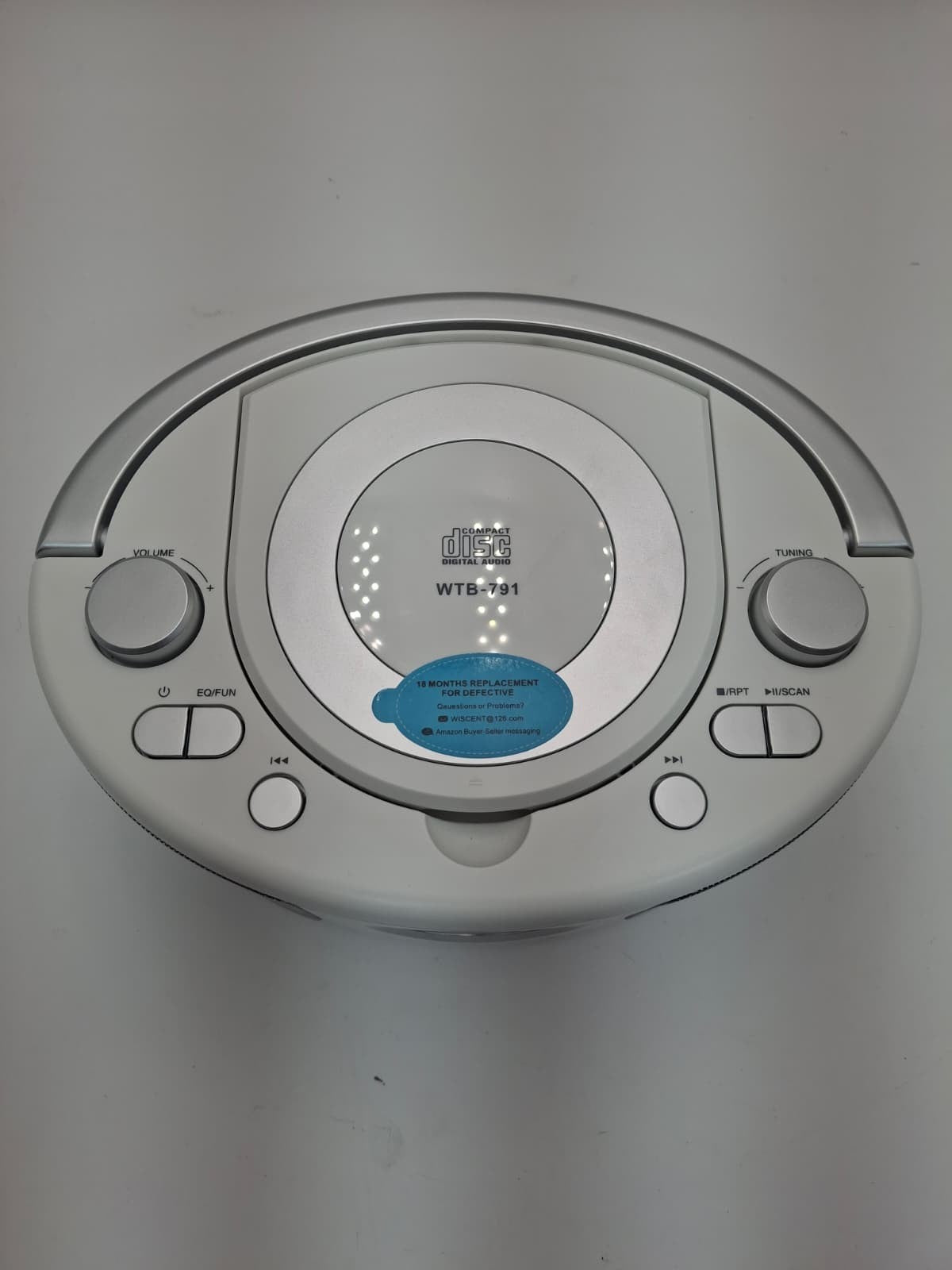 Silver Boombox Bluetooth CD Player FM Radio Portable WTB-791 with USB AUX
