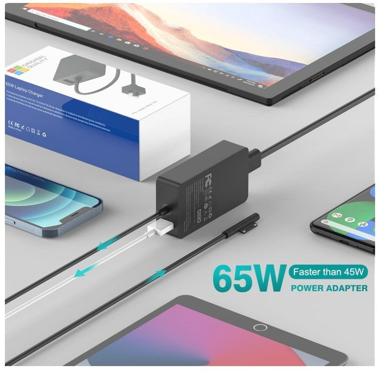 65W Charger Compatible with Microsoft Surface Pro 11, 10, 9, 8, 7+, 7, 6, 5, 4,
