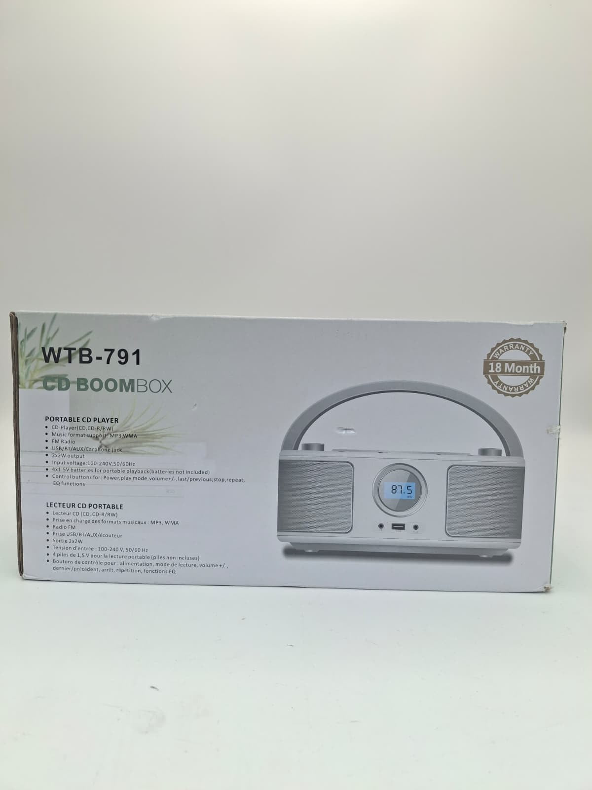 Silver Boombox Bluetooth CD Player FM Radio Portable WTB-791 with USB AUX