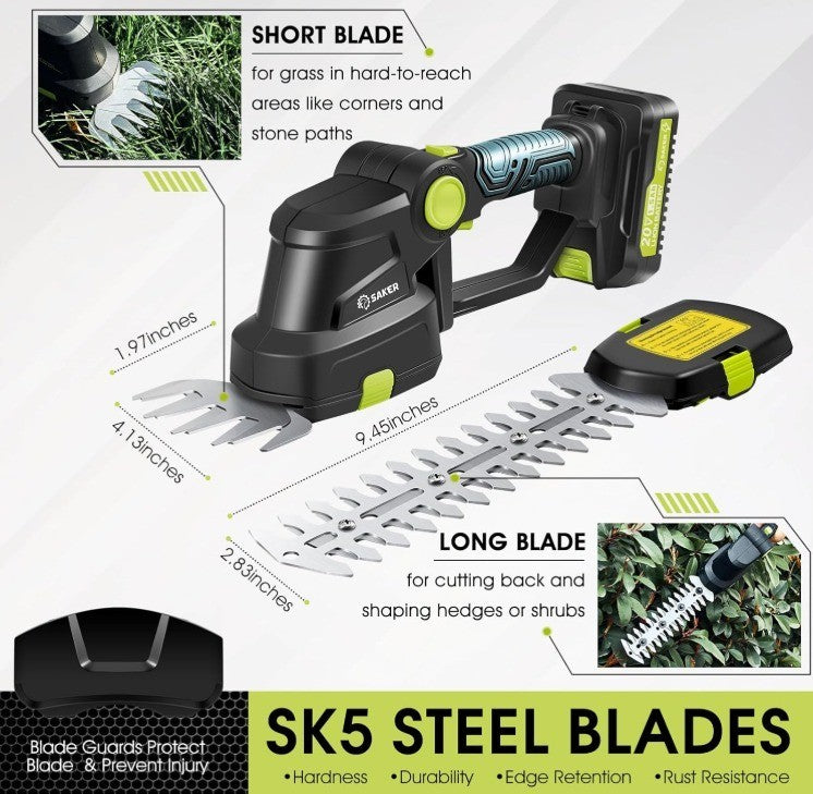 Saker Cordless Hedge Trimmer-20V Electric Shrub Trimmer Grass Shears Handheld Gr