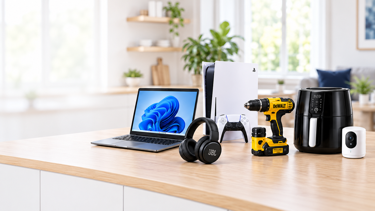 Loco Hot Deals auction products including laptop, power tool, game console, headphones, air fryer, and smart camera